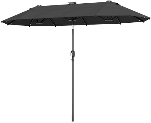 Outsunny Doppelsonnenschirm 292 x 150 cm, Sonnenschirm mit LED-Beleuchtung Handkurbel, Knickfunktion, oval Balkonschirm Marktschirm Kurbelschirm Sonnenschutz für Balkon Terrasse Garten, Dunkelgrau