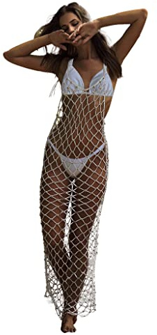 Ypser Women's Fishnet Cover Up Dress Rhinestone Long Maxi Dress Beach Crochet Bikini Coverup White