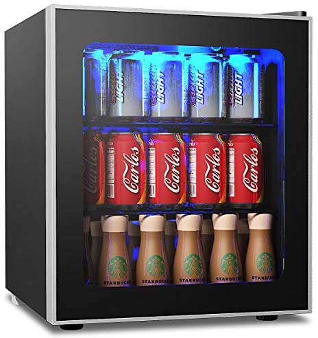 COSTWAY 46L Mini Fridge, 60 Can Quiet Frost Free Fridge with LED Light, 2 Adjustable Removable Shelves, Glass Door and Temperature Control, Table Top Wine Beverage Drink Cooler for Bedroom Hotel