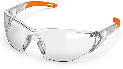 TOREGE Lunettes de protection transparentes - Pont nasal réglable, antibuée et anti-rayures, légères avec poignées en caoutchouc antidérapantes - Conforme à ANSI Z87 (orange)