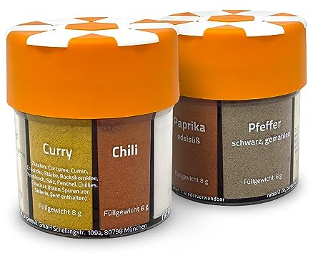 ration1 Camping Gewürze Set 2er Pack, 6-in-1 Gewürzstreuer | Salz, Pfeffer, Curry, Chili, Paprika, Knoblauch, Kompakt & nachfüllbar, Camping Gewürzspender, Für Vanlife, Prepper & Reise