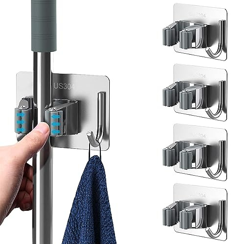 Funnytek 4PCS Besenhalterung Wand, Gerätehalter, Gartengerätehalter Grau | Besenhalter Wand, Mop Halter Gerätehalter mit Haken für Wischmopp, Besen, Schaufel, Werkzeuge