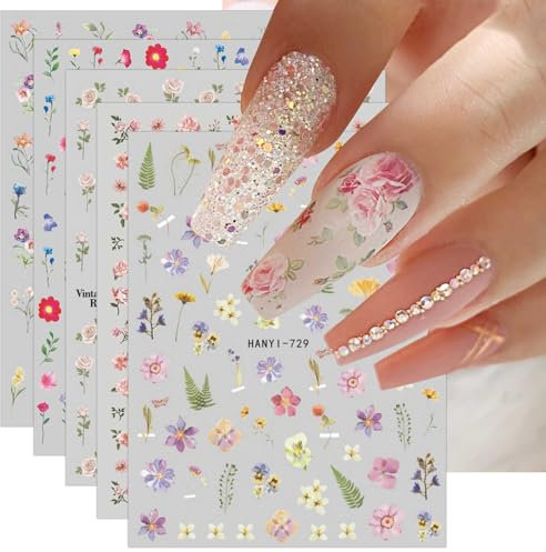 JMEOWIO Flor Primavera Pegatinas Para Uñas 9 Hojas Autoadesiva Nail Art Stickers Decoración