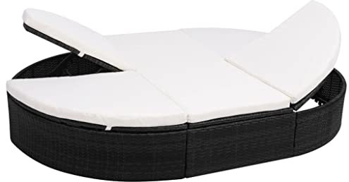 ULUYYUC Rattan-Liegebett Sonnenbank Tagesbett-Überdachung Liege GartenOutdoor-Lounge-Bett mit Polster Poly Rattan Schwarzgeeignet für Pools, Strände, Decks