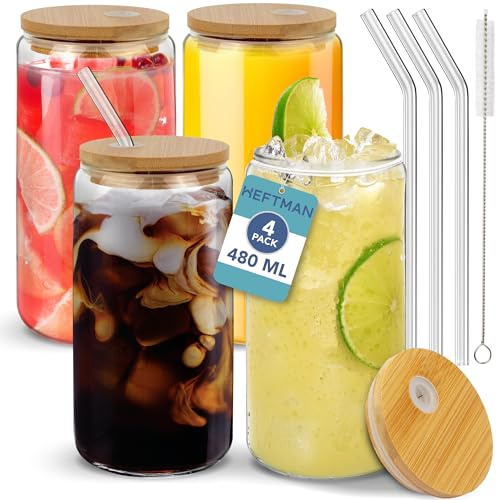 HEFTMAN Glasbecher mit Deckel und Strohhalmen, leere Gläser in Dosenform | 480 ml, mit luftdichten Bambusdeckeln, Glasstrohhalmen und Reinigungsbürste für Strohhalme, Eiskaffeeglas für Smoothies, Bier