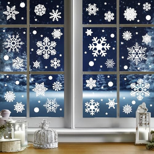 Zindoo Pegatinas Navidad Ventanas Cristal Decoracion Navidad 247 PCS Copos de Nieve Blanco Puro Reutilizar Estampadas por Ambas Caras Pegatinas Navidad Electrostáticas para Ventana Puerta Nevera