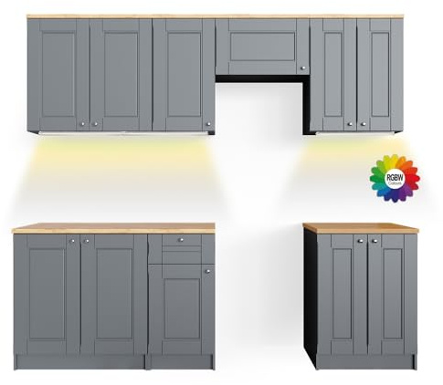 Vicco Küchenzeile Bergamo, Edelgrau, 240 cm | AP Goldkraft mit LED-Leisten, mit variabel positionierbaren Modulen zur individuellen Anpassung