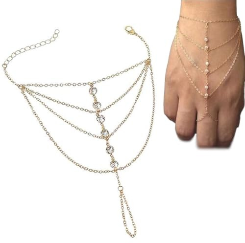 Boho Fingerring Handschmuck Gold Strass Sklave Kettenarmband Vintage Layered Quaste Armband Personalisieren Handkette Schmuck Wahrsagerin Kostüm für Frauen und Mädchen Geschenke