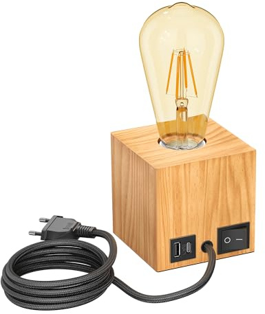 ledscom.de Tischlampe HITO, Holz massiv, eckig, USB, inkl. E27 Lampe Retro, gold, 489lm, extra-warmweiß