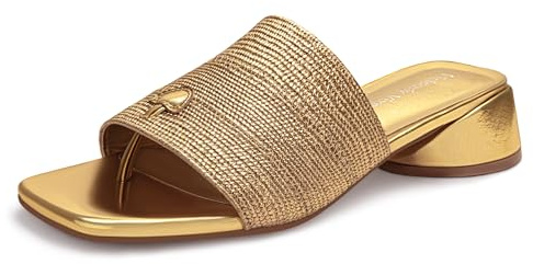 Viciously Vixen Women's Block Kitten Heels Slide Mule Sandals Square Open Toe Shoes, Gold, 9