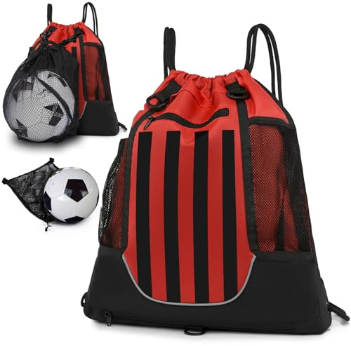 STAY GENT Coulisse Zaino da Basket per Bambini Giovani e Adulti, Foldable Zaino Calcio Pallavolo Sportiva con Staccabile Palla Borsa a Rete per Palestra Yoga Escursionismo, Rosso Nero Striscia
