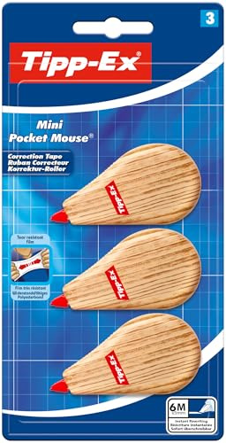 Tipp-Ex Mini Pocket Mouse Correttori a Nastro da 6 m x 5 mm - Design Effetto Legno Assortiti, Confezione da 3