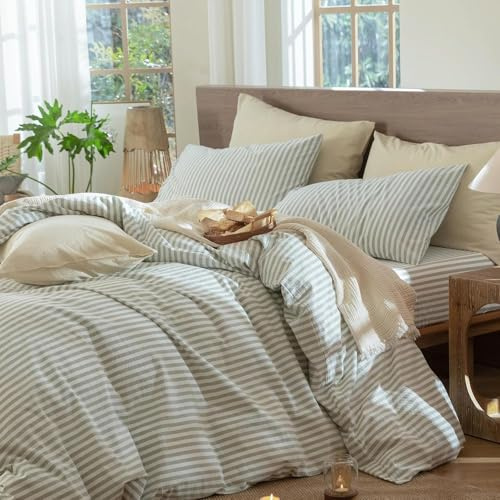 Lanqinglv Ropa de cama 135x200 algodón a rayas verde y blanco, 100% algodón renforcé juego de ropa de cama con cremallera, ropa de cama ÖKO-TEX adecuada para alérgicos, 1 funda nórdica y 1 funda de