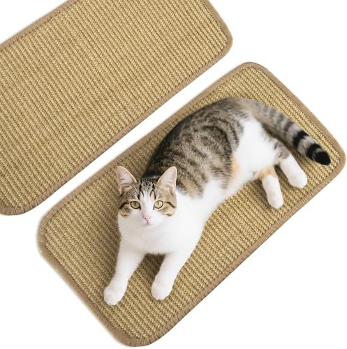 Kratzmatte Katze 2 Stück, Natürliche Sisal Teppich, Kratzteppich Kratzpads für Katzen, Katzenkratzmatte für Schützt Teppiche&Sofas, Klettverschluss+Doppelseitige Klebefixierung Design, 50x25 cm