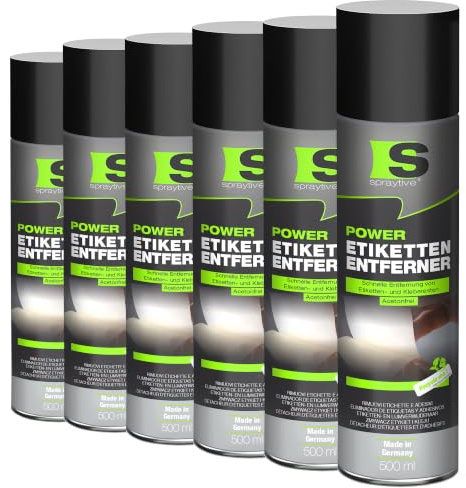 Spraytive 6 x 500ml Power Etikettenentferner – Acetonfrei, Klebereste-Entferner & Etikettenlöser, Reiniger für Aufkleber & Markierungsfarben – Schnelle, rückstandslose Entfernung - Made in Germany