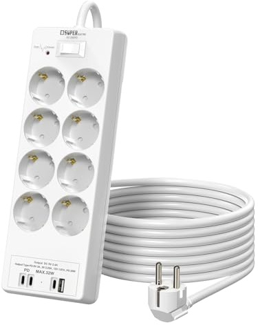 8-Fach Steckdosenleiste mit USB Schnellladung (max.32W), 4000W, Wandmontage, EIN-/Ausschalter, 2m Kabel – für Smartphone, Laptop, Tablet, Schreibtisch