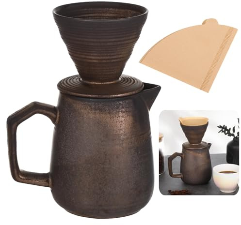 Kronabelle Juego de cafetera de cerámica con 100 papeles de filtro, diseño clásico vintage, capacidad de 620 ml, ideal para oficina o hogar