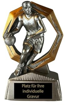 Basketball Pokal 11 cm - Resin Trophäe mit Spieler & Gravurschild Silber | Detailreiche Sportfigur mit Ball, 130g Gewicht, Silber-Gold Optik, Ideal für Vereine, Schulsport & Kinderevent Turniere