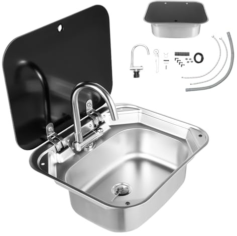 ROGONPDK RV Camping Spüle Bausatz mit Wasserhahn Spülbecken Waschbecken Set, Edelstahl RV Wohnmobil Spülbecken, Caravan Spüle, Einzelne Schüssel Wohnwagen Waschbecken Set, für Wohnmobil