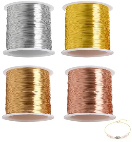 4 Spule Schmuckdraht Gold, Silber, Roségold und Kupfer, 100m x 3 Basteldraht Dünn 0.3mm Kupferdrahtrolle Perlendraht für Schmuckherstellung Bastelarbeiten DIY Perlen Ringe Armbänder