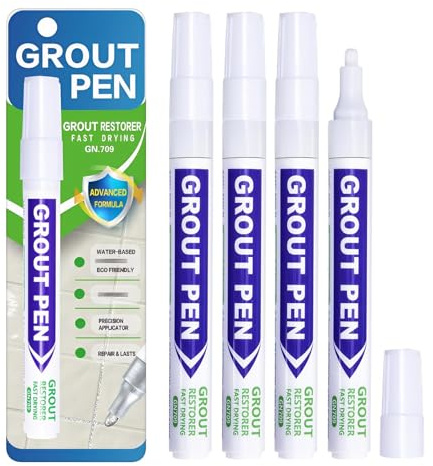 4 Pcs White Grout Pens,Tile Grout Pen for Bathroom & Kitchen,White Tile Paint Marker,Waterproof Grout Paint & Reviver,Easy to Use Bathroom Tile Paint to Restore Wh-ite Grout