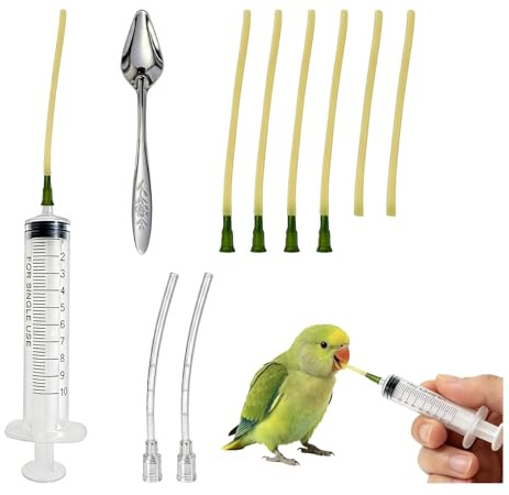 JKDHJK Lot de 15 seringues avec tuyau, doseur précis de 10 ml, sans aiguille, tuyaux flexibles en silicone et cuillère en acier inoxydable, alimentation sûre à la main pour perroquets, pigeons et