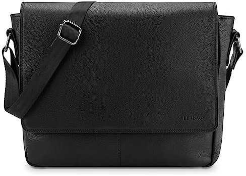 LEABAGS Leder Umhängetasche Herren & Damen I Echtleder Laptoptasche bis 14 Zoll I Messenger Bag mit Schultergurt I Schultertasche I Arbeitstasche I Tragetasche I Handtasche I Nappa Schwarz
