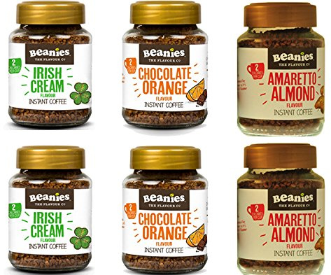 NEW! Beanies Set of 6 x 50g Instant Flavoured Mini Coffee Jars - 2 x Amaretto, 2 x Chocoorange, 2 x Irish Cream - Ideal hamper gift items for Christmas! Get your six pack from Caramba!