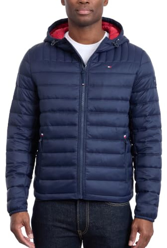 Tommy Hilfiger Men's Hooded Puffer Jacket Down Alternative Coat, Midnight, XS