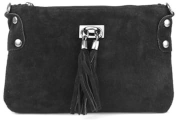 Made in Italy Damen Leder Clutch Tasche Messenger Bag Henkeltasche Wildleder Handtasche Umhängetasche Ledertasche Schultertasche Beuteltasche Fransen Cross-Over Schwarz