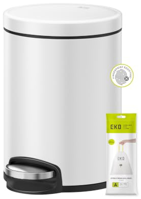 EKO Bathroom Pedal Bin with Lid, Soft Close, White, 5L | Stainless Steel, Removable Inner Bucket, Fingerprint Resistant, Odour Control, Ideal for Home Kitchen, Bathroom & Bedroom Use