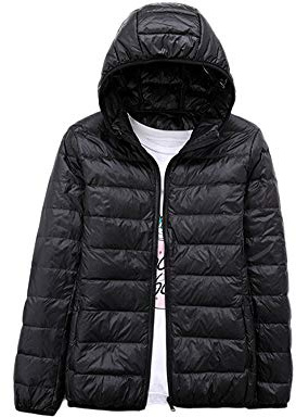 HONGBI Chaquetas de Pluma con Capucha y Manga Larga Mujeres Corto Chaqueta Plumiferos Ligeros Exteriores Cálida Fino Abrigo Plumas Plegable Abrigo Acolchado Invierno Cazadoras Casacas Parka Negro L