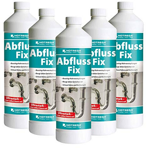 HOTREGA Abfluss Fix 5x 1 Liter Konzentrat | Rohrreiniger gegen Haare, Fett & Verstopfungen | Geruchlos, schnelle Wirkung | Für Küche, Dusche, WC & Bad