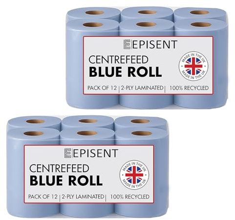 EPISENT Blue Roll 2 Ply Centre Feed Paper Towels, Pack of 2 | Super Absorbent, Commercial Cleaning Roll for Kitchen Garage Workshop and Dispensers, Food Prep Safe, Recyclable