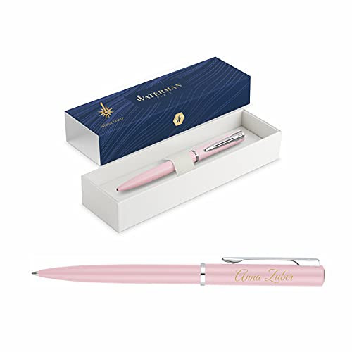 Waterman Allure Kugelschreiber mit Gravur | Geschenk für Mann und Frau | inspiriert von Pariser Mode | personalisiert | graviert | Blaue Tinte | Mittlere Spitze (Macaron Pink, Kugelschreiber)