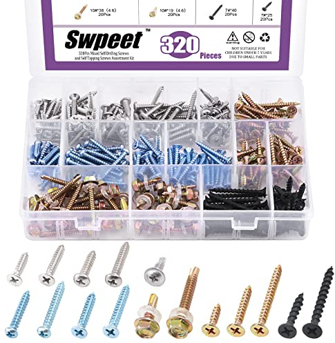 Swpeet Assortiment de 320 vis à bois auto-perceuses et autotaraudeuses de 16 styles différents, multi-usage, parfait pour les vis à bois, les vis en tôle et les vis pour cloison sèche