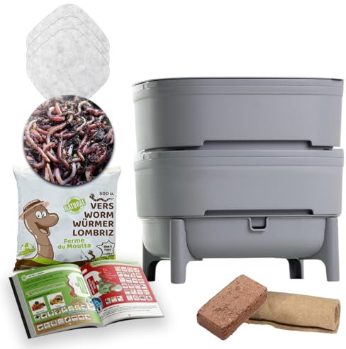 WORMcube Grau Design & Compact I 2-Etagen-Wurmkomposter I 250 gr Kompostwürmer / 500 STK. I Komplett-Set I Stoppfilter zum Ertrinken von Würmern