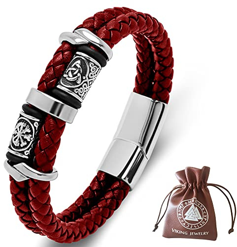 DPGOLDP Wikinger Lederarmband mit Edelstahl Celtic Knot & Vegvisir Runen Perlen Amulett Armbänder für Herren Damen