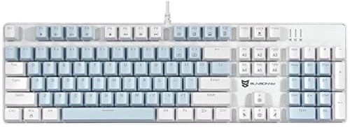 Qisan Clavier de Jeu Mécanique Câblé, Pleine Taille 104 Touches, avec Rétro-éclairage Bleu, Interrupteur Glace, Mise en Page Américaine Blanc et Bleu