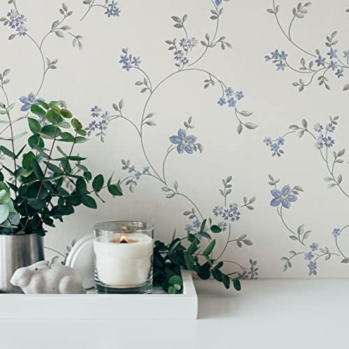 A.S. Création Carta da parati in tessuto non tessuto - floreale con motivo a fiore in crema, grigio e blu - Carta da parati per diverse stanze - 10,05 m x 0,53 m