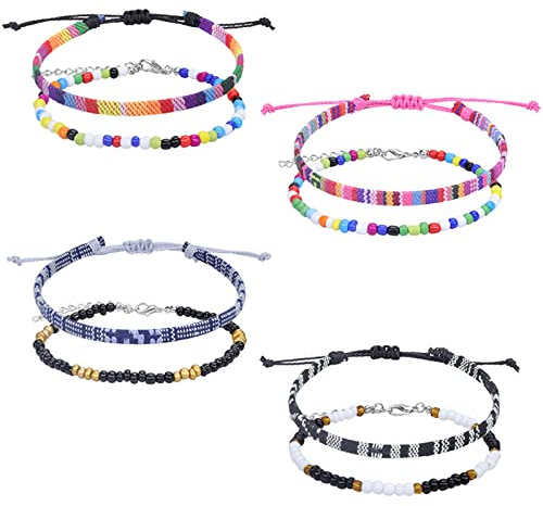 Boho Fußkettchen Set,8 Stück Damen Fußkettchen Surfer Fußband Fußkette Verstellbares Bunte Geflochtene Fußkettchen Perlen Fußkettchen für Frauen Mädchen Valentinstag Geburtstag
