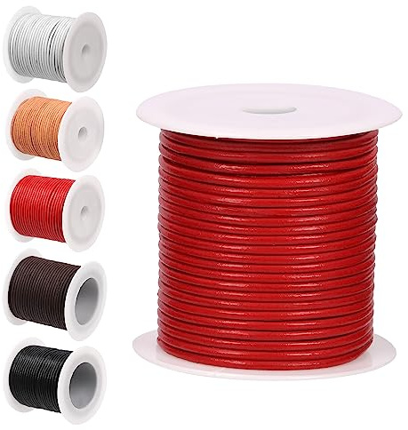 Glarks 11 Yards x 2mm Round Leather String Cord, Soft and Smooth Jewelry Leather Rope for Necklaces Bracelets Making, Wrapping, Beading Craft and Shoelaces Replacement (Bright Red)