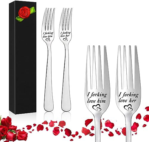 Yueshop 2PCS Stainless Steel Engraved Forks,Exquisite Letter Dinner Fork-I Forking Love Him, I Forking Love Her,Personalized Carving Fork with Luxury Box(Red Rose) Gifts for Valentine's Day Christmas