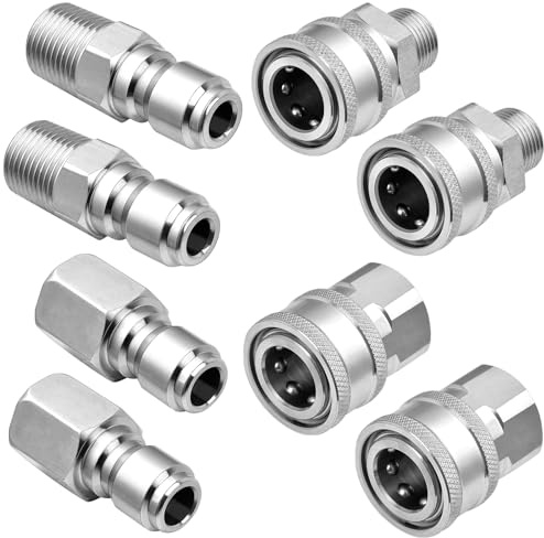 Elesunory 4 Set NPT 3/8 Inch Pressure Washer Coupler, Quick Connect Fittings, Stainless Steel Male and Female Quick Connect, Pressure Washer Adapter Set (Internal Thread and External Thread)
