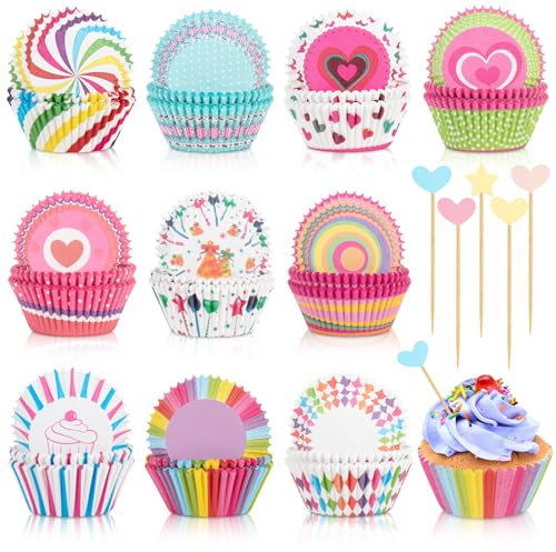 Onlyesh 500 Pezzi Pirottini per Muffin Carta con 50 Pezzi Decorazioni per Cupcake, 10 Diversi Stili Pirottini Muffin, Pirottini per Muffin Olio-Prova per Matrimoni, Cuocere, Compleanni, Feste