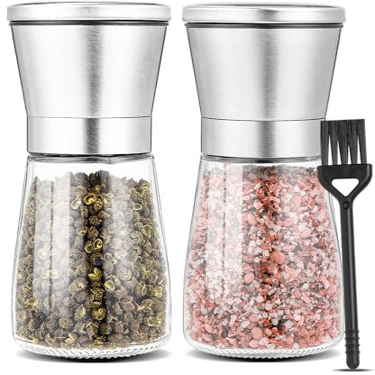 Huifoo Molinillo de sal y pimienta,Molinillo Pimienta Manual,2 Molinos con Moledor de Cerámica,Ajustable Molinillo sal y Pimienta,Molinillo de Pimienta,Pepper Mills de Vidrio Acero Inoxidable