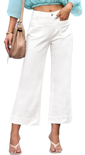 luvamia Wide Leg Jeans for Women Trendy High Waisted Flare Jeans Cropped Denim Pants Stretchy Baggy with Patch Pockets Womens Stretch Jeans Wide Legged Jeans for Women Off White Size 12 Size 14