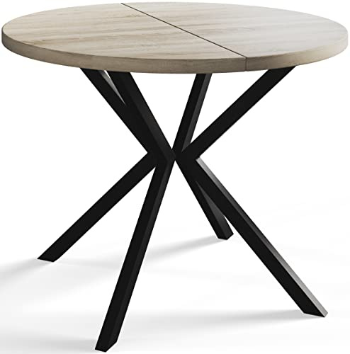 Esszimmertisch Ausziehbarer 100-180cm, Beige, Schwarze Metallbeine | Runder Tish Loft Liten, Wohnzimmertisch, Küchentisch und Esszimmertisch