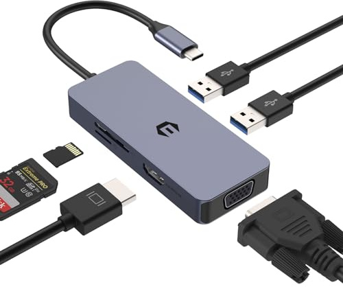 Adaptador USB C 6 en 1, USB C HUB, HDMI VGA Dual Monitor HUB Incluyendo HDMI, VGA, USB A, USB 2.0, Lector de Tarjetas SD/TF, Compatible con Mac, Ordenadores portátiles Windows y más