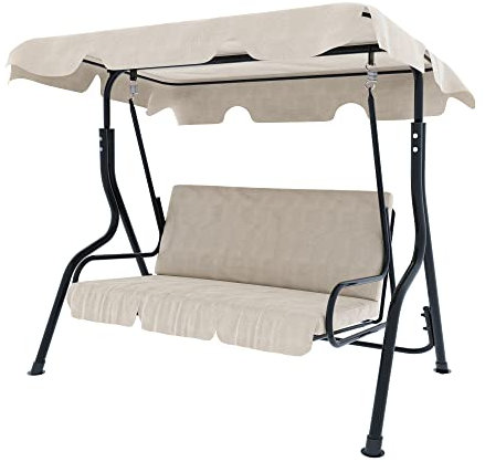 Dondolo 3 Posti Con Tettuccio Parasole Regolabile Cuscini Imbottiti Struttura Robusta In Acciaio Verniciato Da Esterno Giardino Balcone Terrazzo Piscina 170 x 110 x 153 Cm (Beige)
